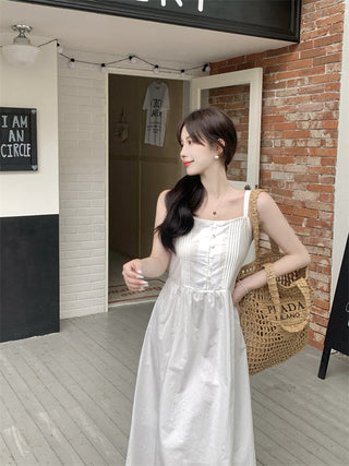 White Pleated Suspender Dress