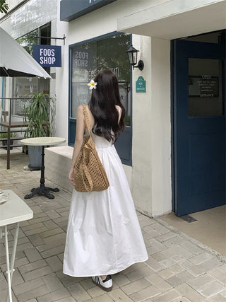 White Pleated Suspender Dress