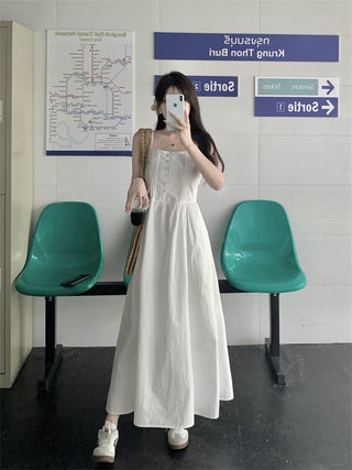 White Pleated Suspender Dress