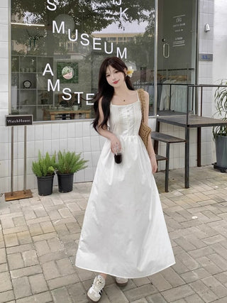 White Pleated Suspender Dress