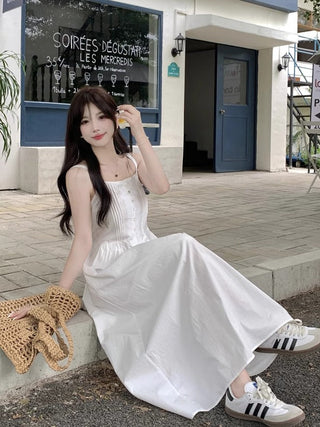 White Pleated Suspender Dress