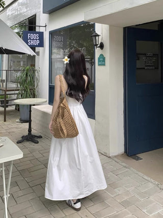 White Pleated Suspender Dress