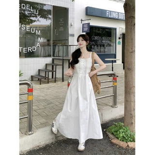 White Pleated Suspender Dress