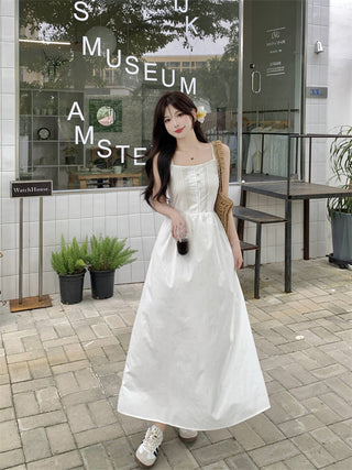 White Pleated Suspender Dress