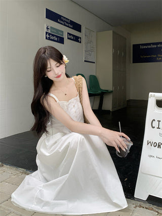 White Pleated Suspender Dress