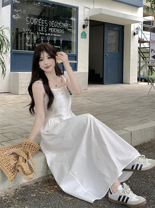 White Pleated Suspender Dress