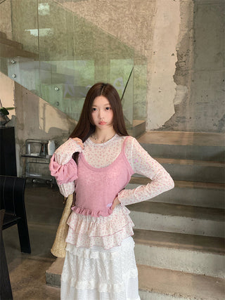 Pink Knitted Vest with T-Shirt