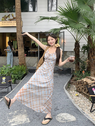 V-Collar Plaid Dress