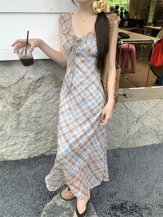 V-Collar Plaid Dress