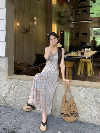 V-Collar Plaid Dress