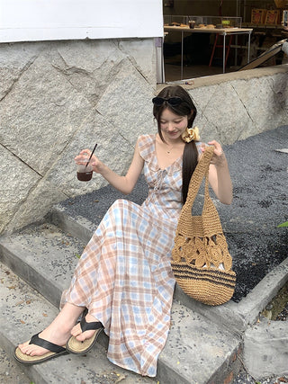 V-Collar Plaid Dress