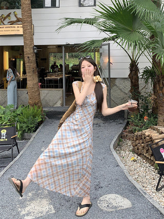 V-Collar Plaid Dress