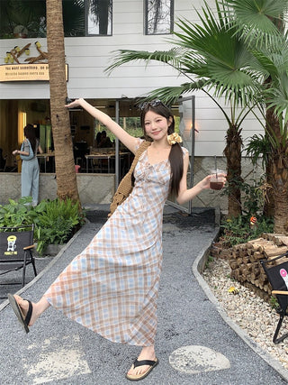 V-Collar Plaid Dress