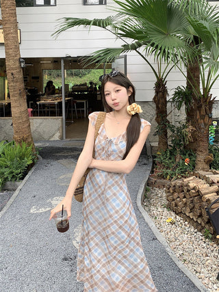 V-Collar Plaid Dress