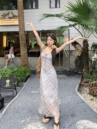 V-Collar Plaid Dress