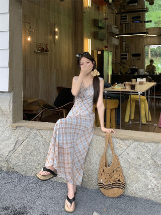 V-Collar Plaid Dress