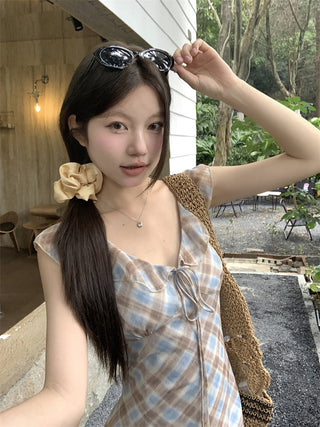 V-Collar Plaid Dress