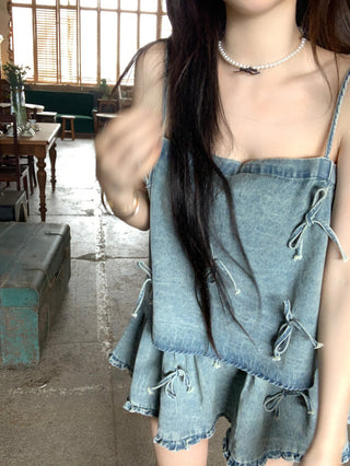 Bow Denim Shirt with Skirt