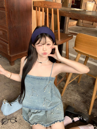 Bow Denim Shirt with Skirt