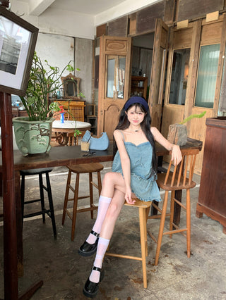 Bow Denim Shirt with Skirt