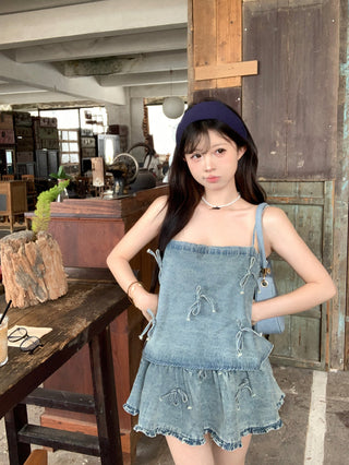 Bow Denim Shirt with Skirt