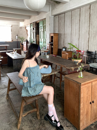 Bow Denim Shirt with Skirt
