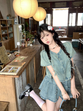 Bow Denim Shirt with Skirt