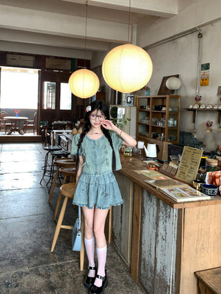 Bow Denim Shirt with Skirt