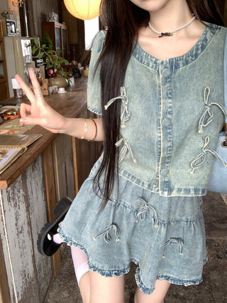 Bow Denim Shirt with Skirt