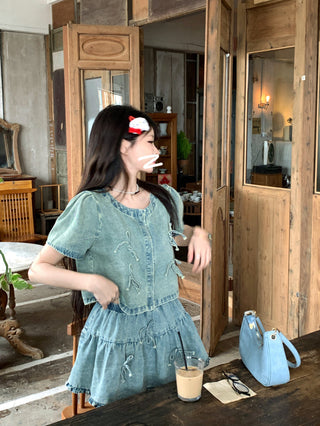 Bow Denim Shirt with Skirt