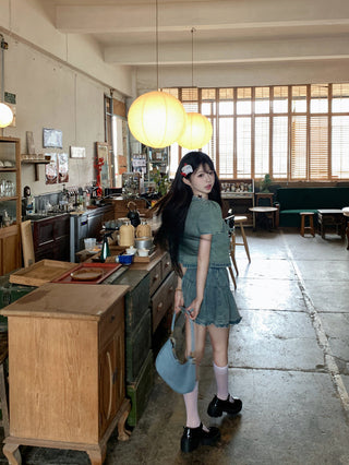 Bow Denim Shirt with Skirt