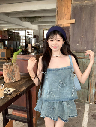 Bow Denim Shirt with Skirt