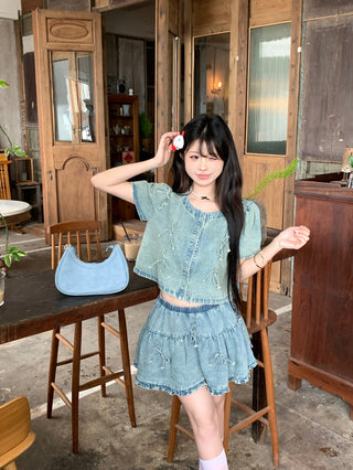 Bow Denim Shirt with Skirt