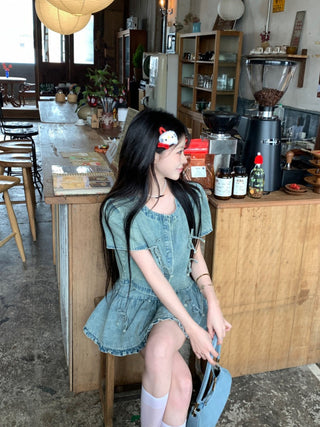 Bow Denim Shirt with Skirt