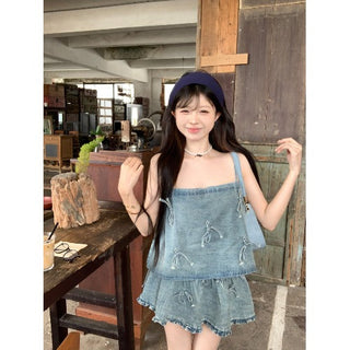 Bow Denim Shirt with Skirt
