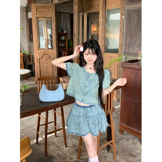 Bow Denim Shirt with Skirt