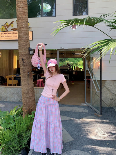 Shoulder Short-Sleeve Top with Plaid Skirt