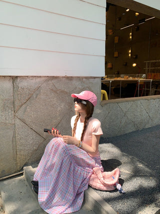 Shoulder Short-Sleeve Top with Plaid Skirt
