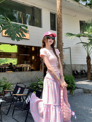 Shoulder Short-Sleeve Top with Plaid Skirt