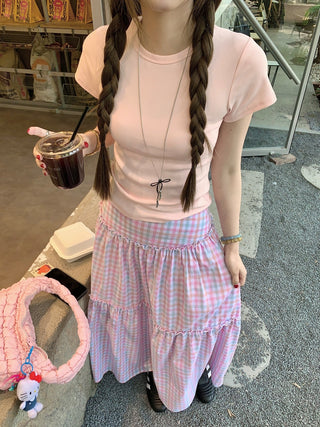 Shoulder Short-Sleeve Top with Plaid Skirt