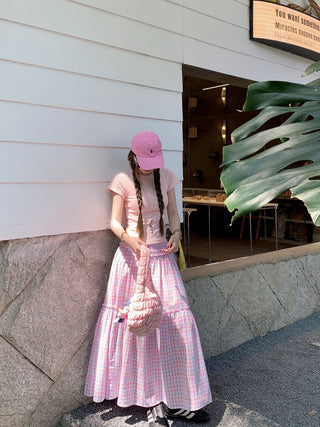 Shoulder Short-Sleeve Top with Plaid Skirt