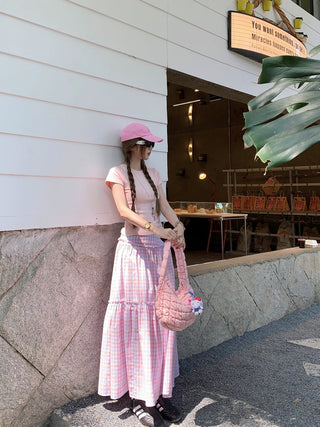 Shoulder Short-Sleeve Top with Plaid Skirt