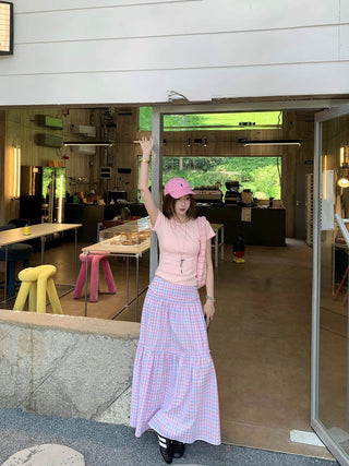Shoulder Short-Sleeve Top with Plaid Skirt