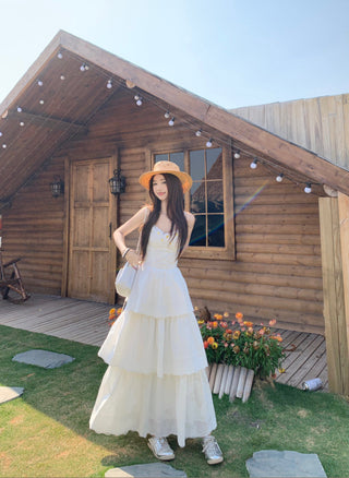 White Sleeveless Suspender Dress