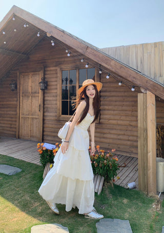 White Sleeveless Suspender Dress