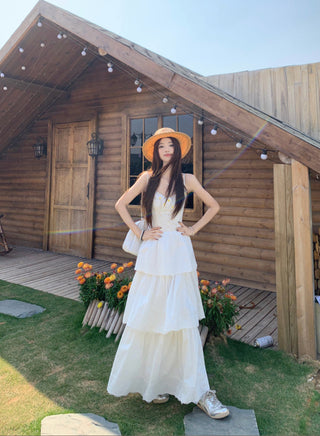 White Sleeveless Suspender Dress