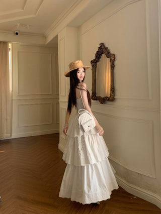 White Sleeveless Suspender Dress