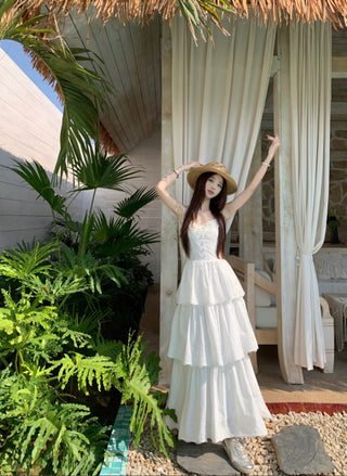 White Sleeveless Suspender Dress