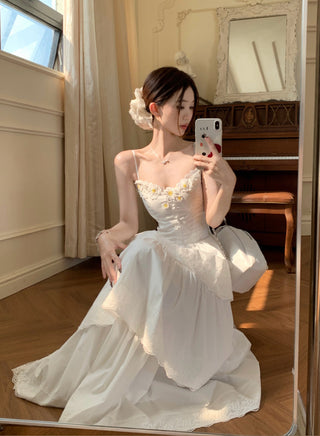 White Sleeveless Suspender Dress