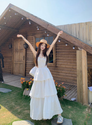 White Sleeveless Suspender Dress